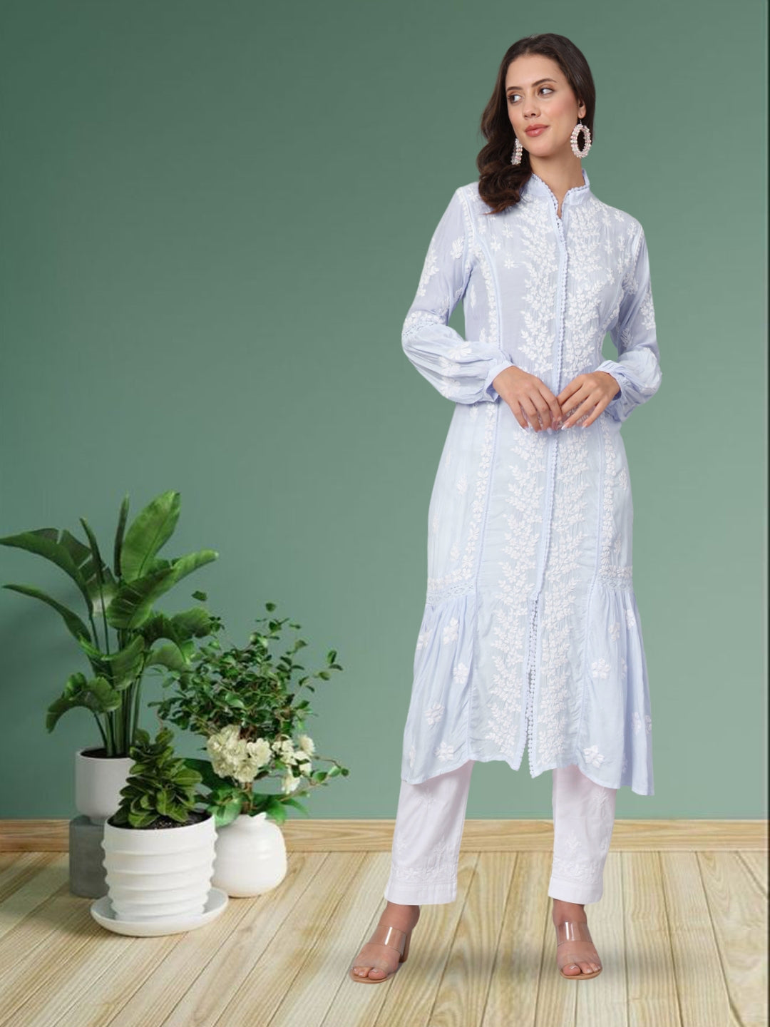 Women Hand Embroidered Chikankari Muslin Kurta-AL3888 Blue
