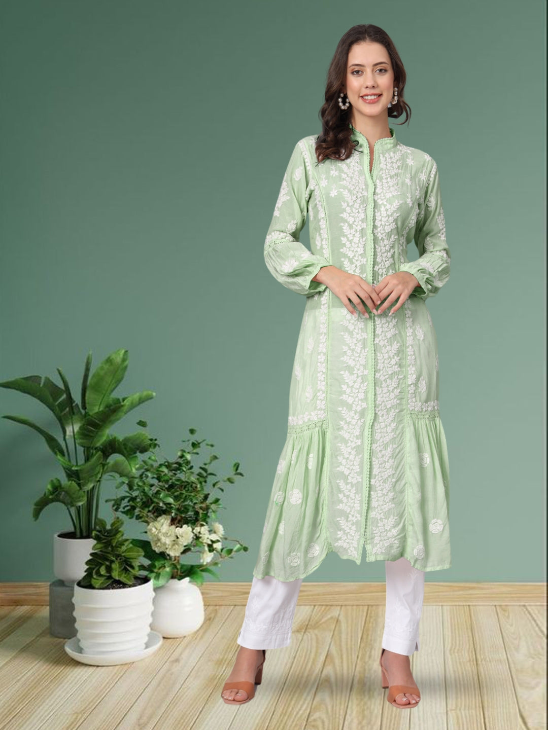Women Hand Embroidered Chikankari Muslin Kurta-AL3888 Green