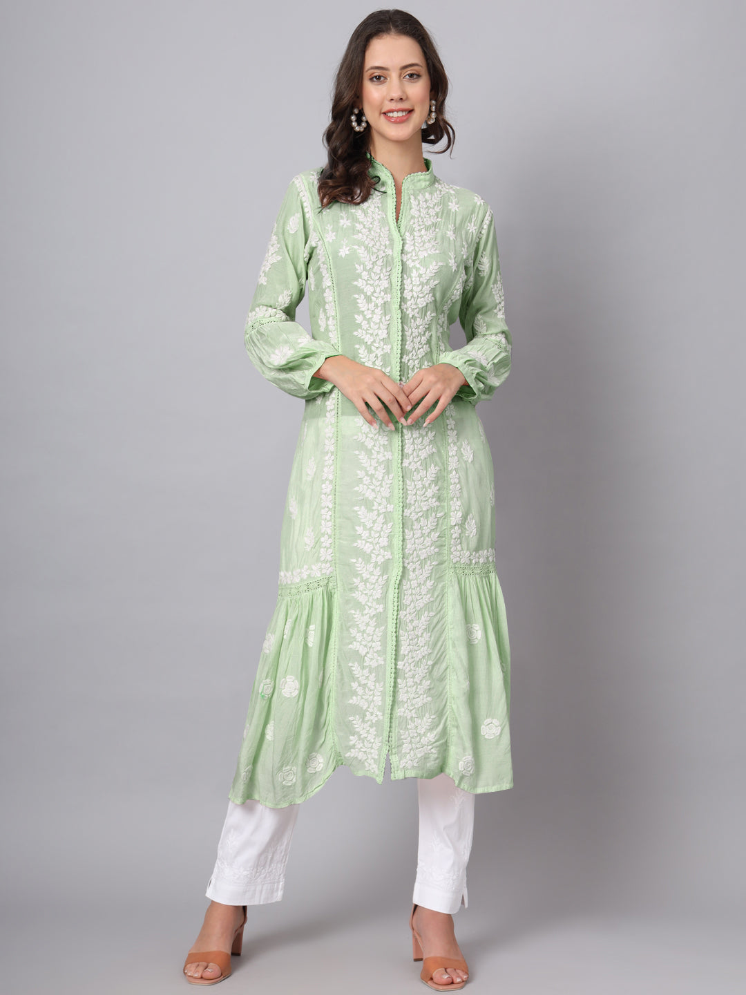 Women Hand Embroidered Chikankari Muslin Kurta-AL3888 Green
