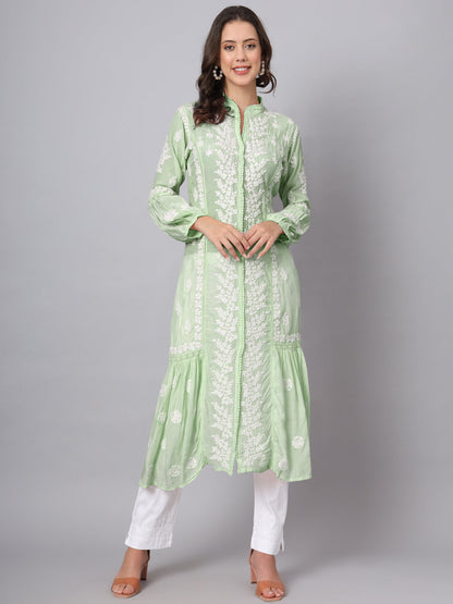 Women Hand Embroidered Chikankari Muslin Kurta-AL3888 Green