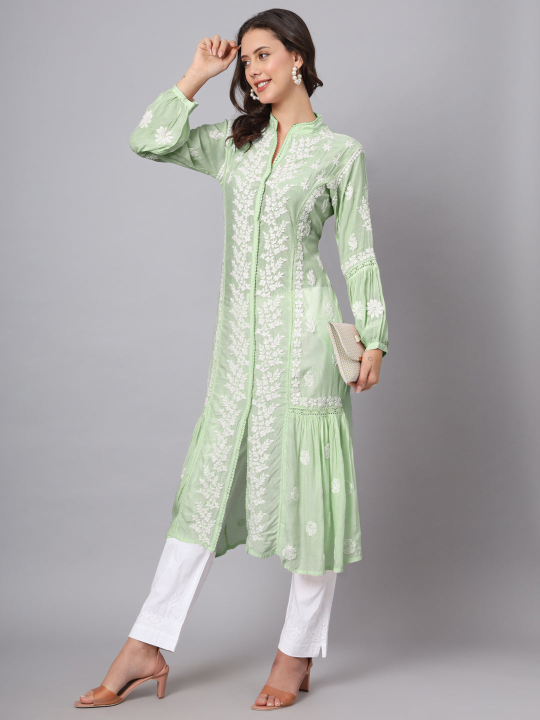 Women Hand Embroidered Chikankari Muslin Kurta-AL3888 Green