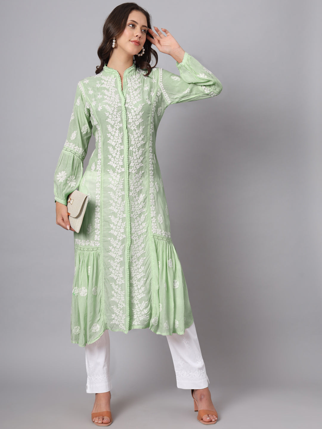 Women Hand Embroidered Chikankari Muslin Kurta-AL3888 Green