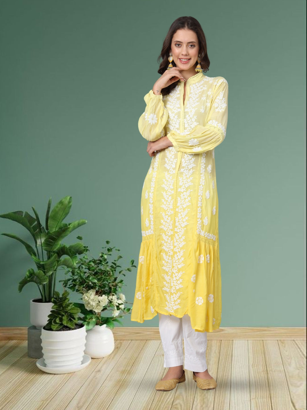 Women Hand Embroidered Chikankari Muslin Kurta-AL3888 Ombreyellow
