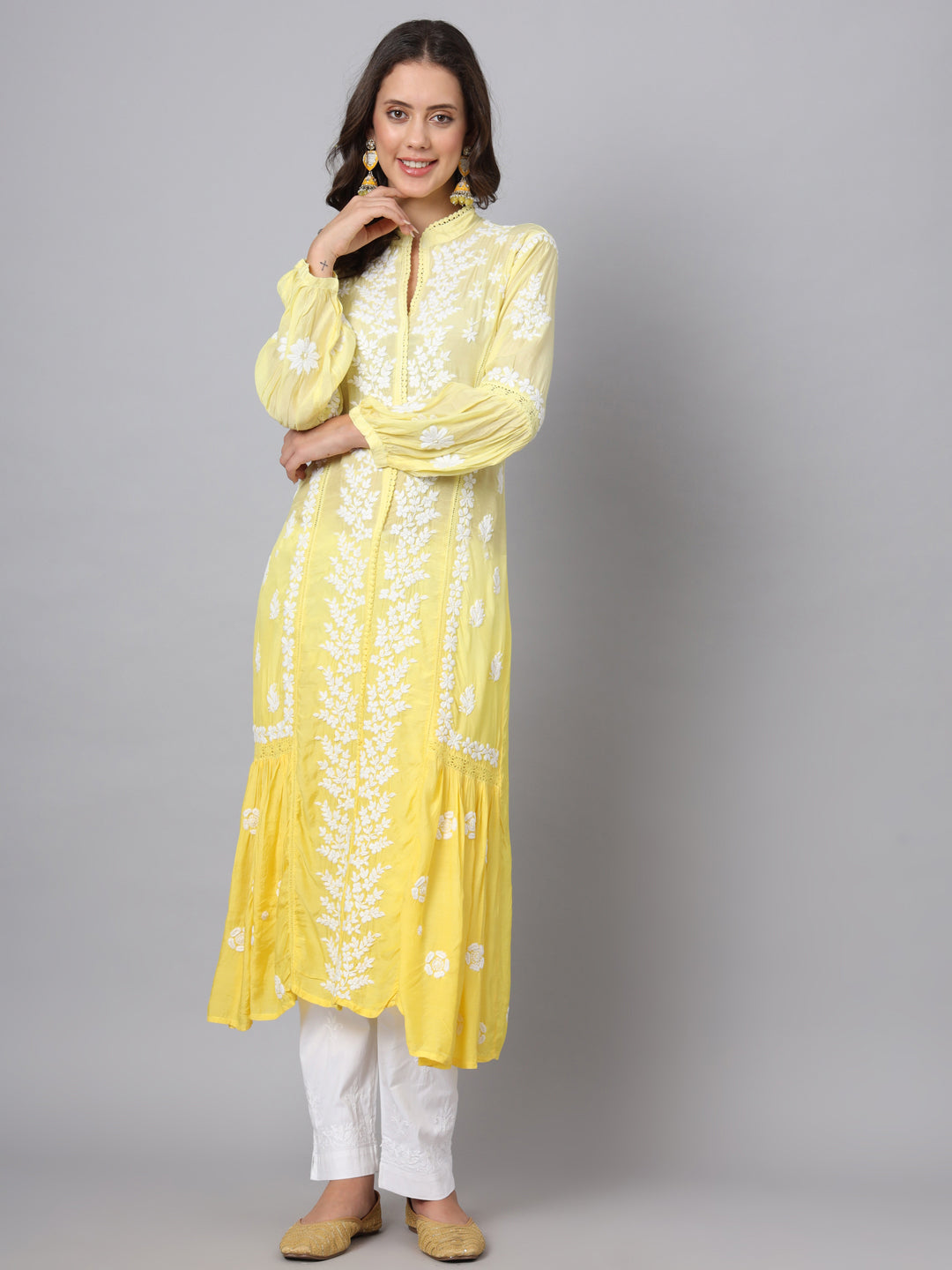 Women Hand Embroidered Chikankari Muslin Kurta-AL3888 Ombreyellow