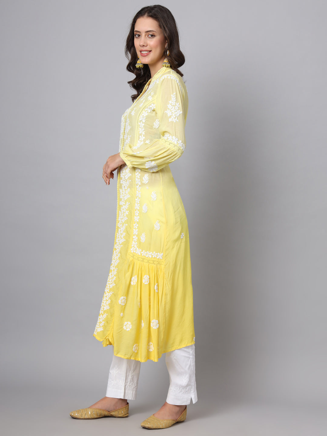 Women Hand Embroidered Chikankari Muslin Kurta-AL3888 Ombreyellow