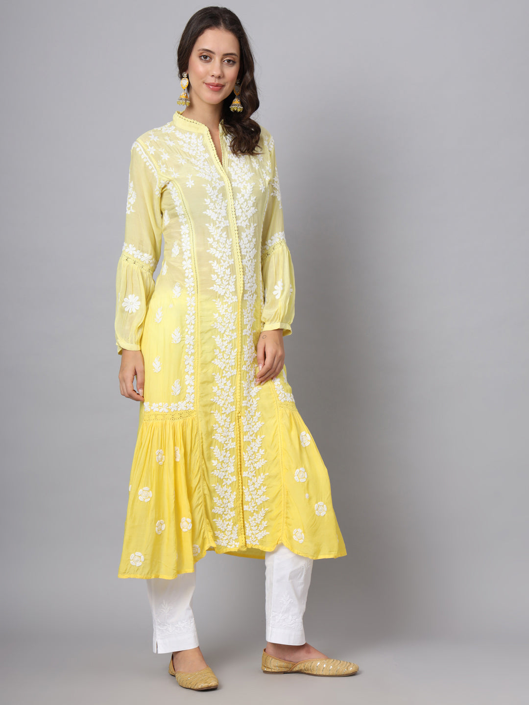 Women Hand Embroidered Chikankari Muslin Kurta-AL3888 Ombreyellow