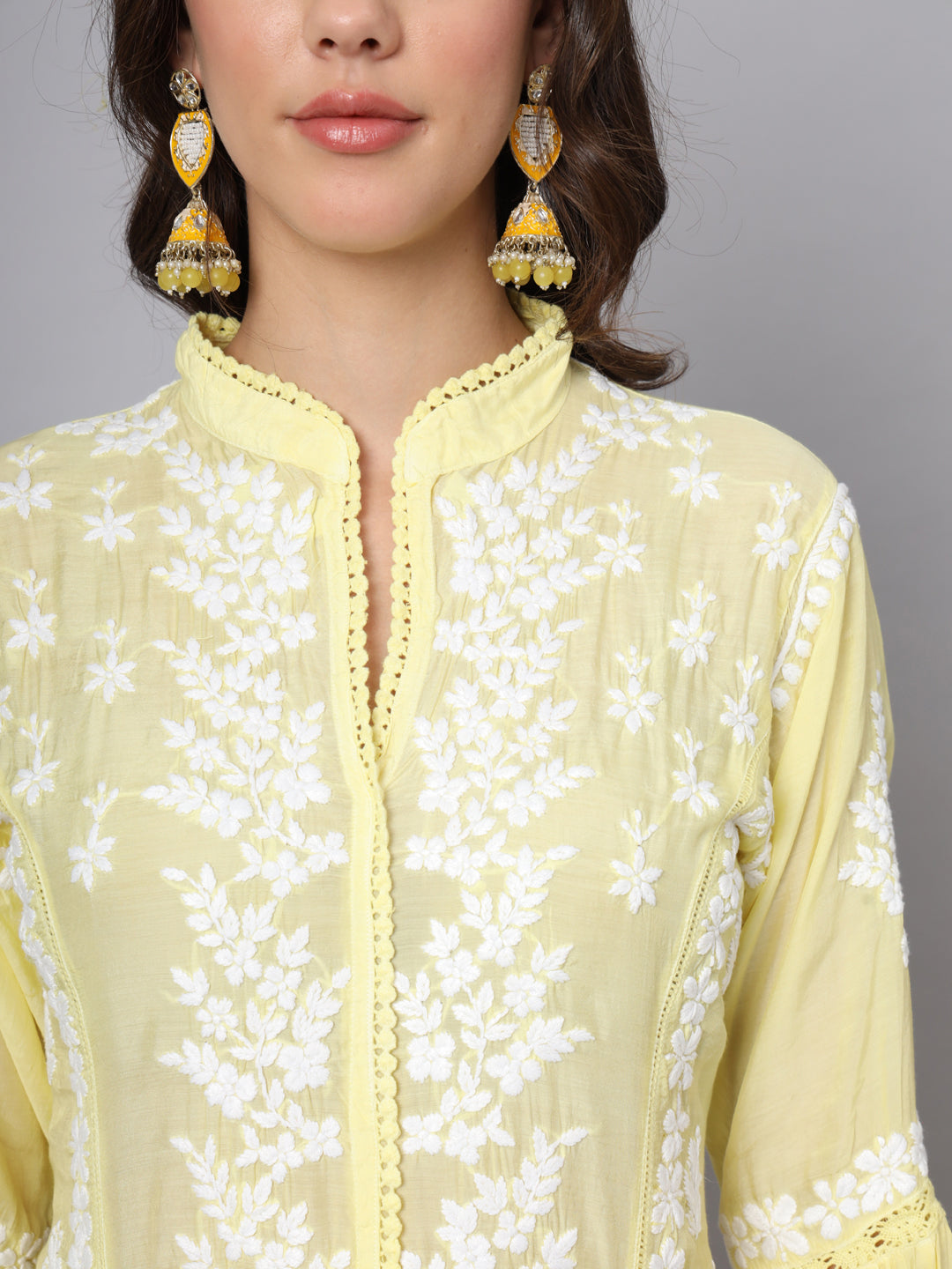 Women Hand Embroidered Chikankari Muslin Kurta-AL3888 Ombreyellow