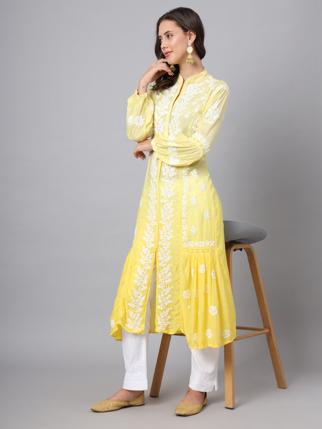 Women Hand Embroidered Chikankari Muslin Kurta-AL3888 Ombreyellow
