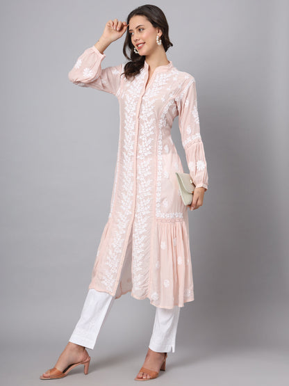 Women Hand Embroidered Chikankari Muslin Kurta-AL3888 Peach