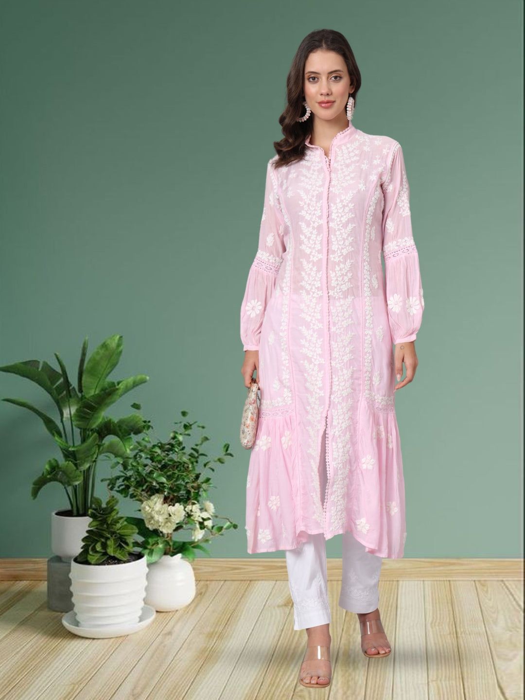 Women Hand Embroidered Chikankari Muslin Kurta-AL3888 Pink
