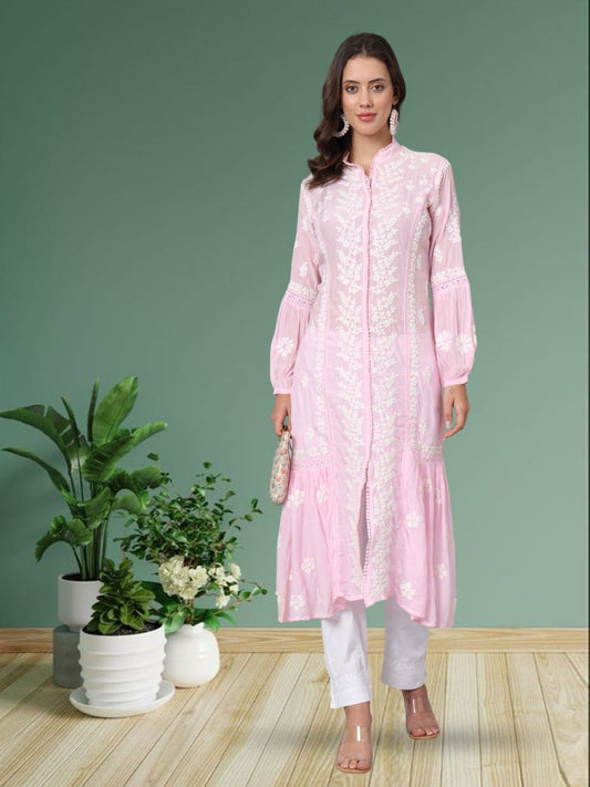 Women Hand Embroidered Chikankari Muslin Kurta-AL3888 Pink
