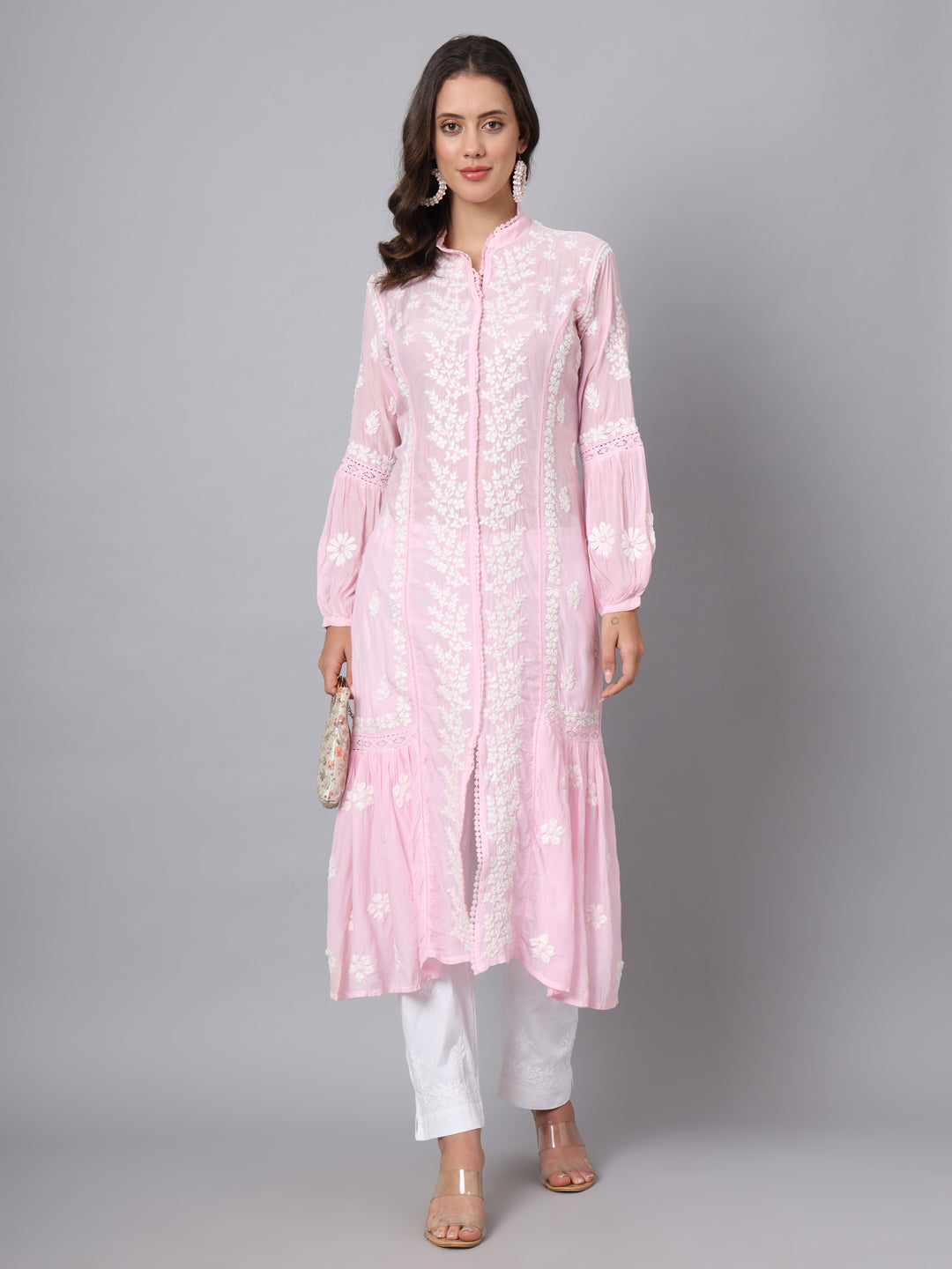 Women Hand Embroidered Chikankari Muslin Kurta-AL3888 Pink
