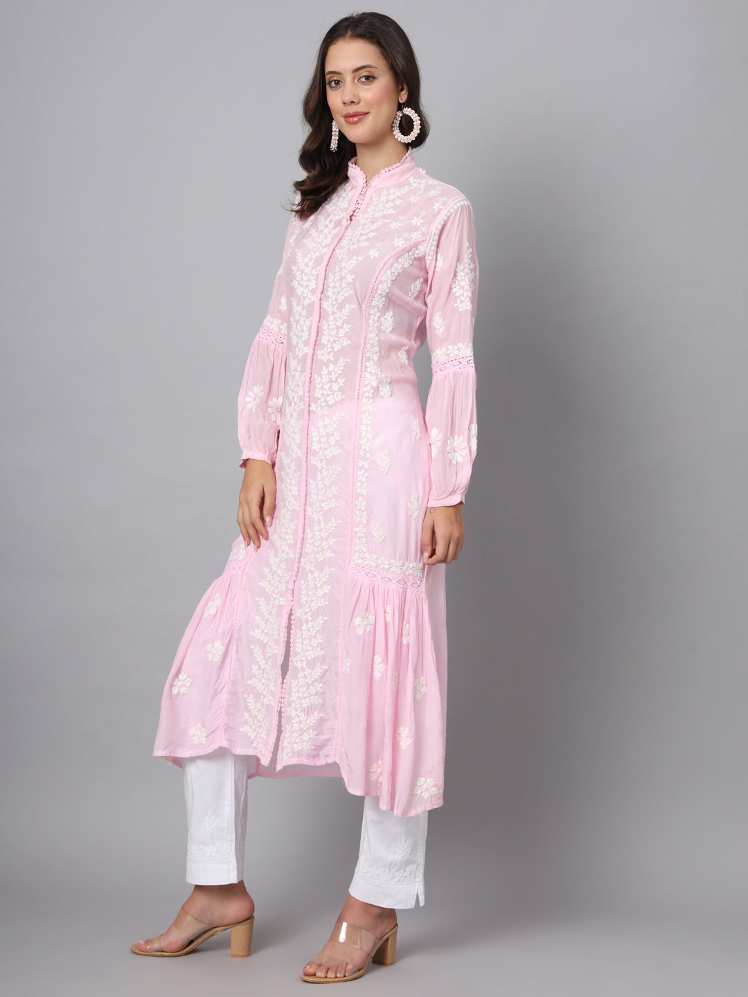 Women Hand Embroidered Chikankari Muslin Kurta-AL3888 Pink