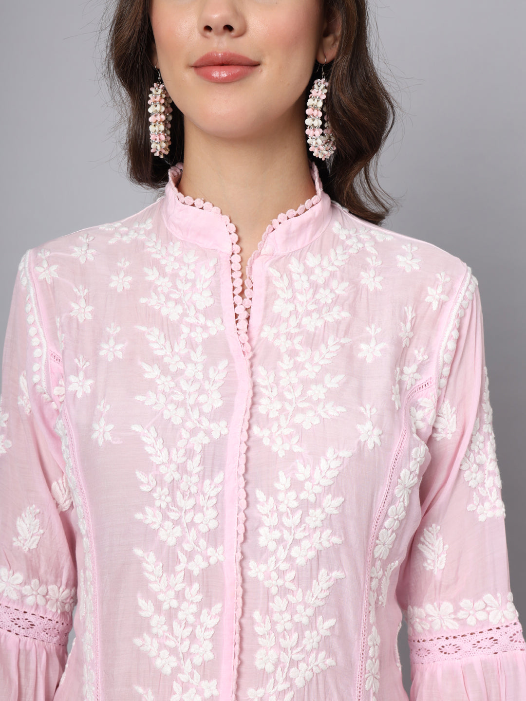 Women Hand Embroidered Chikankari Muslin Kurta-AL3888 Pink