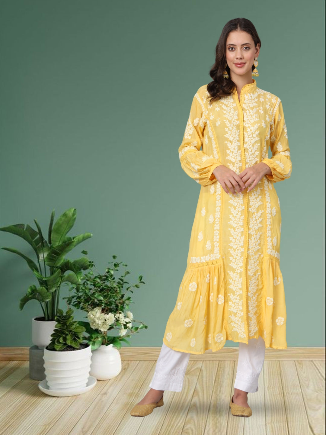 Women Hand Embroidered Chikankari Muslin Kurta-AL3888 Yellow