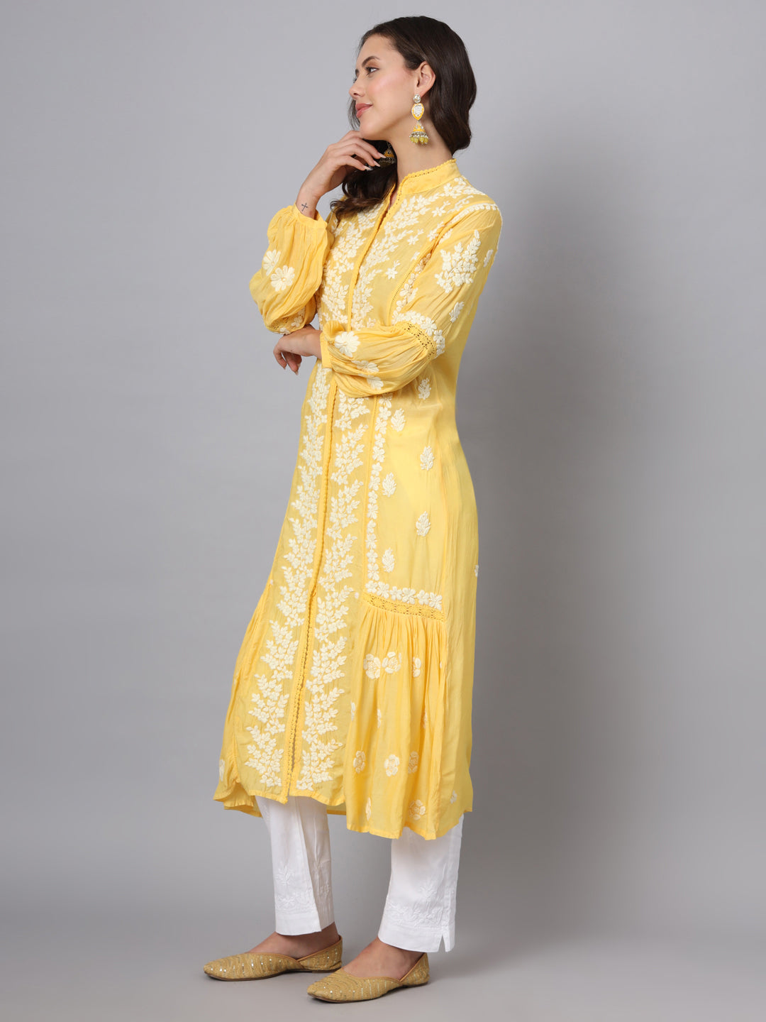 Women Hand Embroidered Chikankari Muslin Kurta-AL3888 Yellow