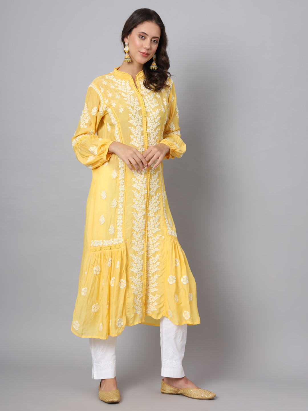 Women Hand Embroidered Chikankari Muslin Kurta-AL3888 Yellow