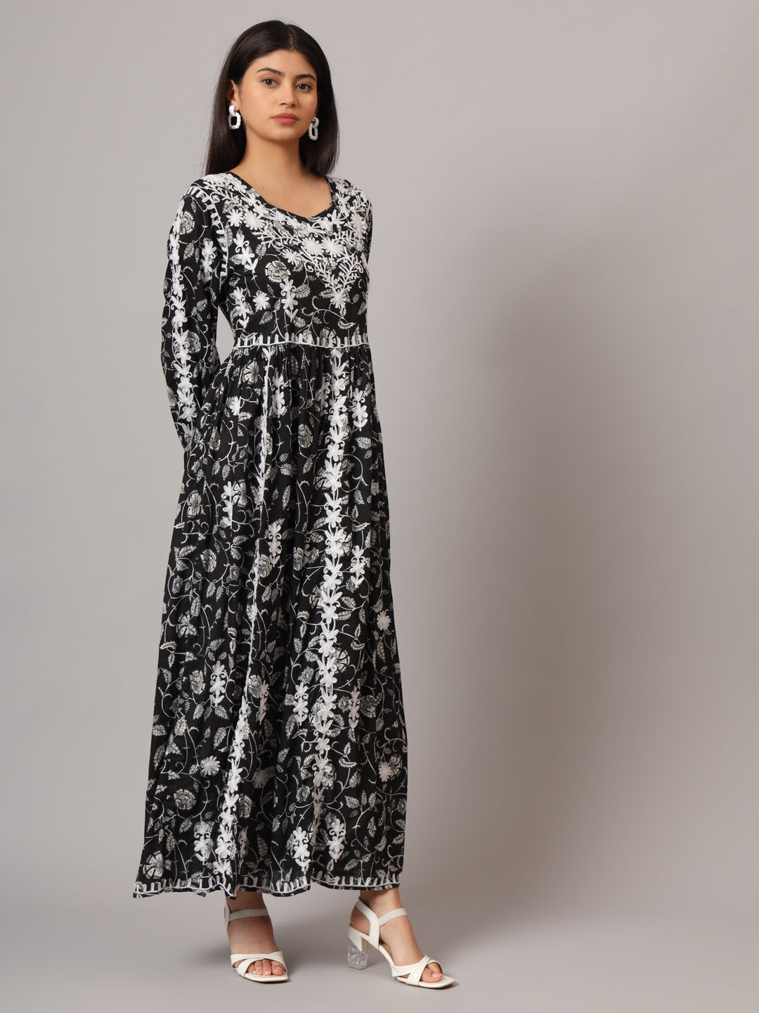 Hand Embroidered Lucknowi Chikankari  Printed Mulmul Cotton Jalabiya-AL3936 Black
