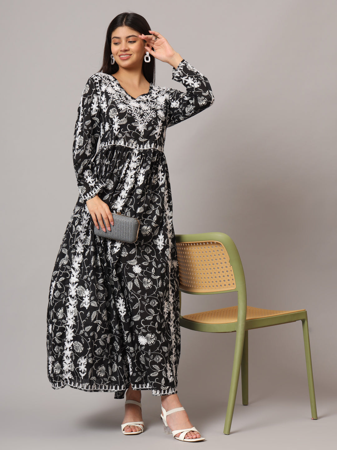 Hand Embroidered Lucknowi Chikankari  Printed Mulmul Cotton Jalabiya-AL3936 Black