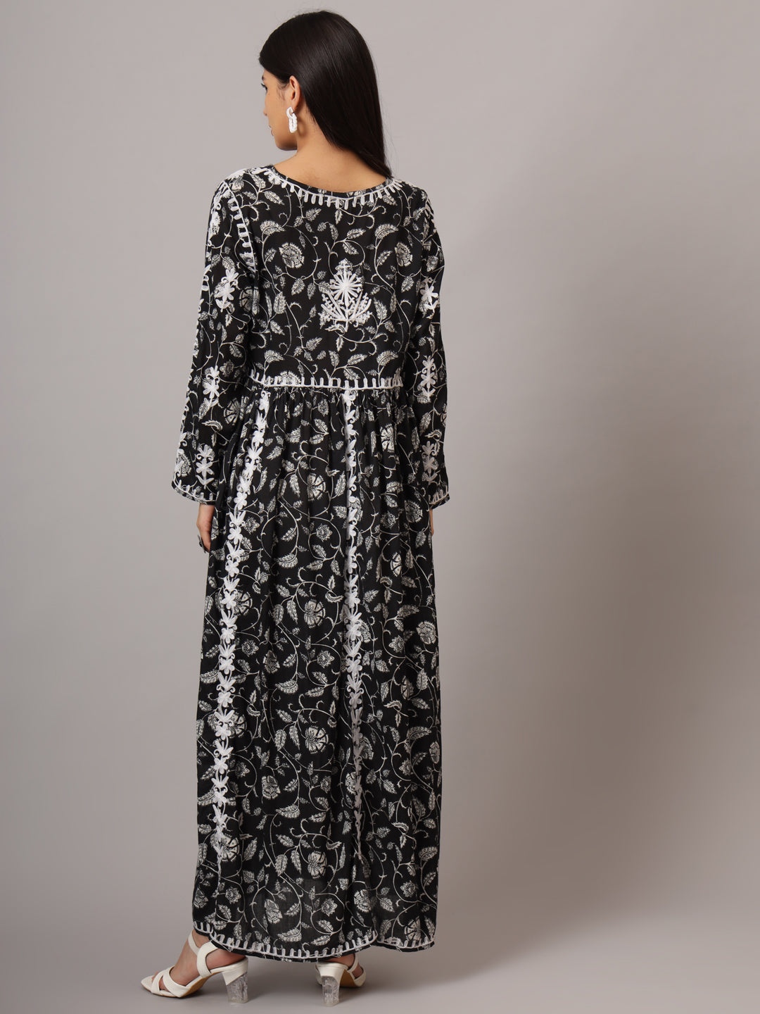 Hand Embroidered Lucknowi Chikankari  Printed Mulmul Cotton Jalabiya-AL3936 Black