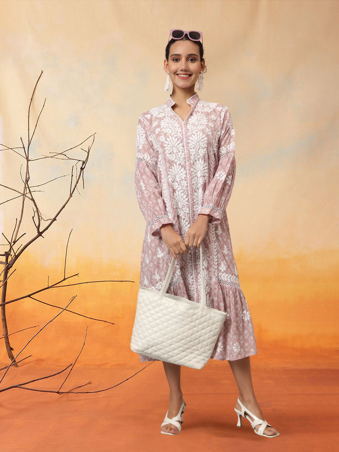 Hand Embroidered Chikankari Floral Printed Mulmul Jalabiya-AL4053 Grey