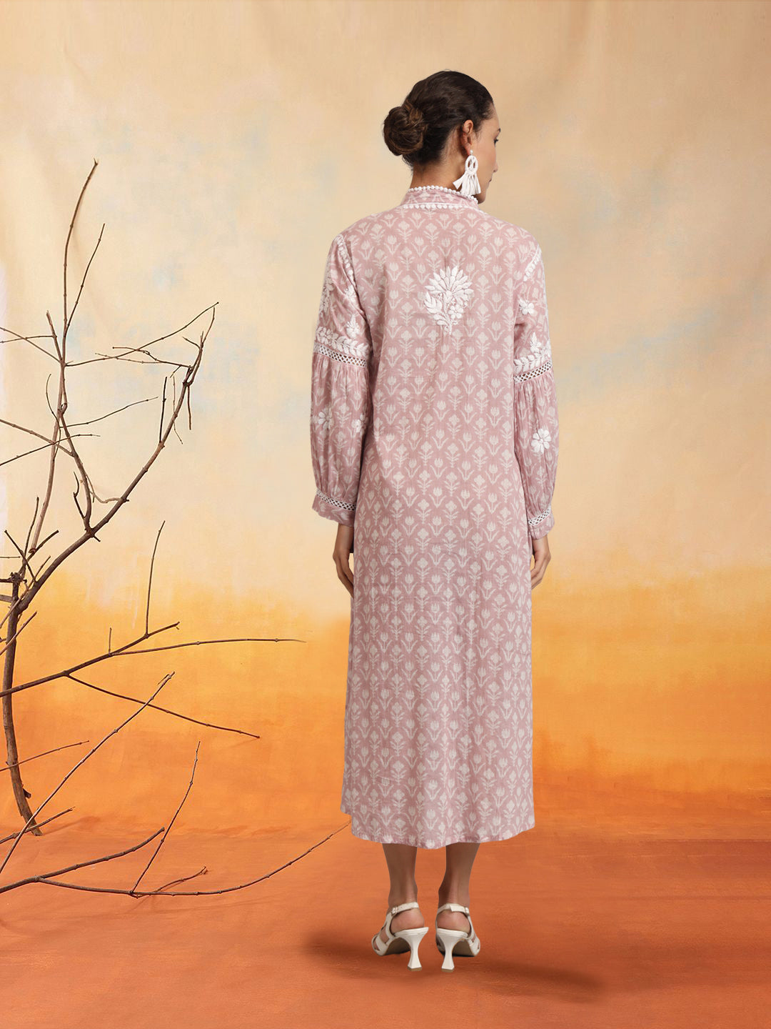 Hand Embroidered Chikankari Floral Printed Mulmul Jalabiya-AL4053 Grey