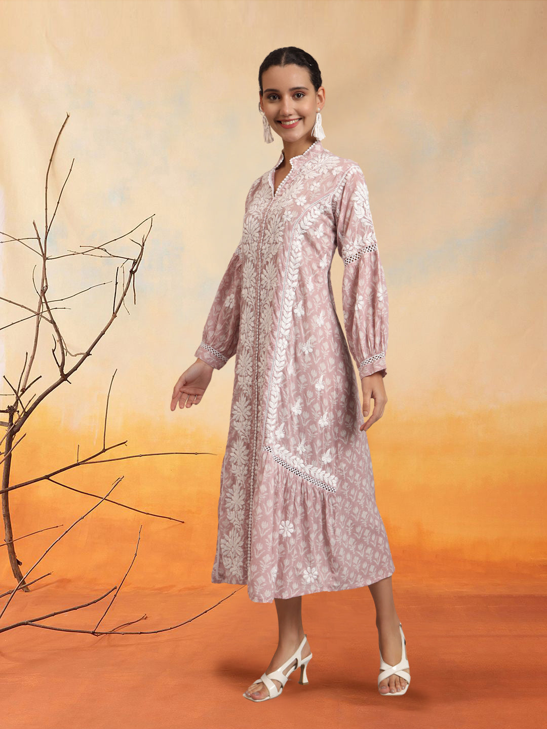 Hand Embroidered Chikankari Floral Printed Mulmul Jalabiya-AL4053 Grey