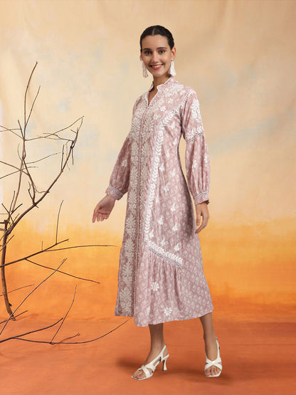 Hand Embroidered Chikankari Floral Printed Mulmul Jalabiya-AL4053