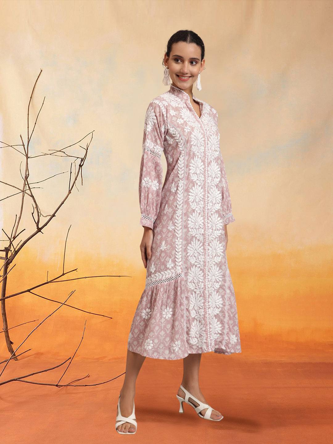 Hand Embroidered Chikankari Floral Printed Mulmul Jalabiya-AL4053 Grey