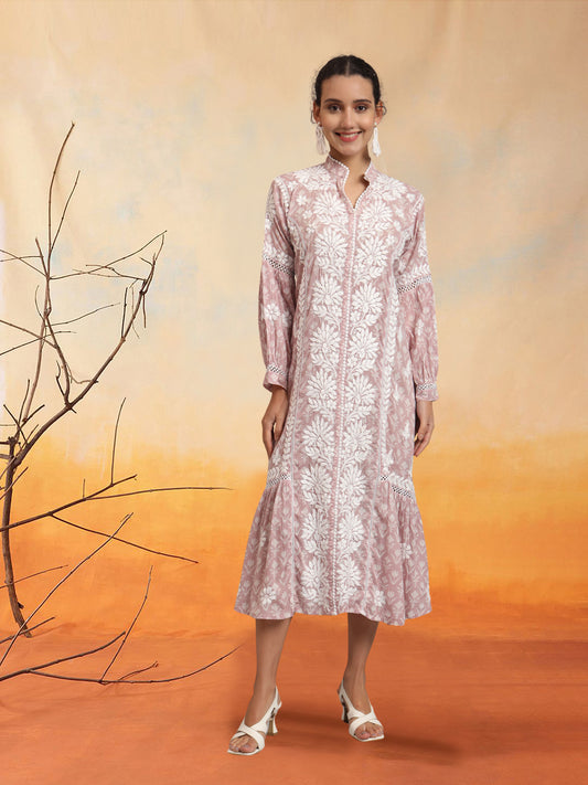 Hand Embroidered Chikankari Floral Printed Mulmul Jalabiya-AL4053 Onionpink