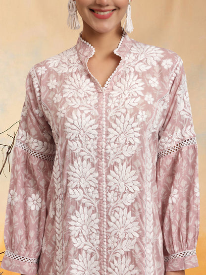 Hand Embroidered Chikankari Floral Printed Mulmul Jalabiya-AL4053