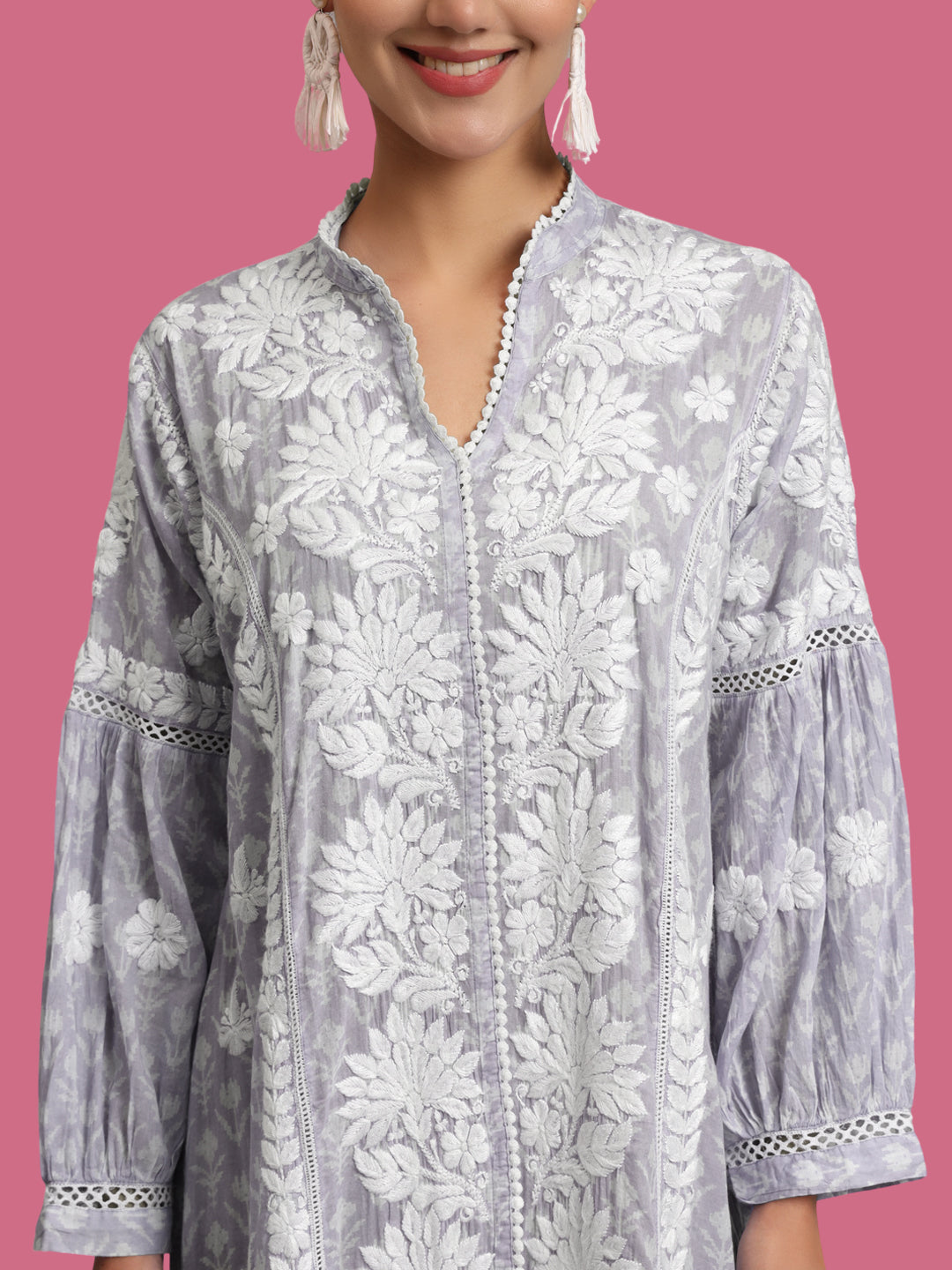 Hand Embroidered Chikankari Floral Printed Mulmul Jalabiya-AL4053 Mauve