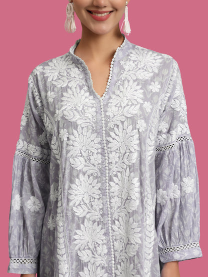 Hand Embroidered Chikankari Floral Printed Mulmul Jalabiya-AL4053