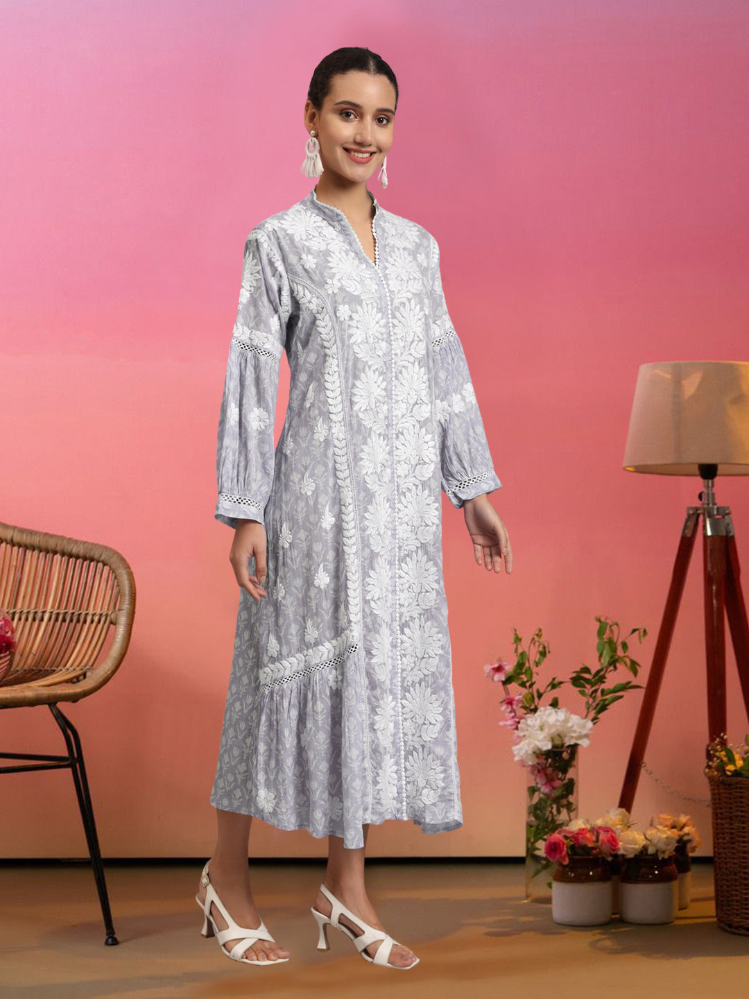 Hand Embroidered Chikankari Floral Printed Mulmul Jalabiya-AL4053 Grey
