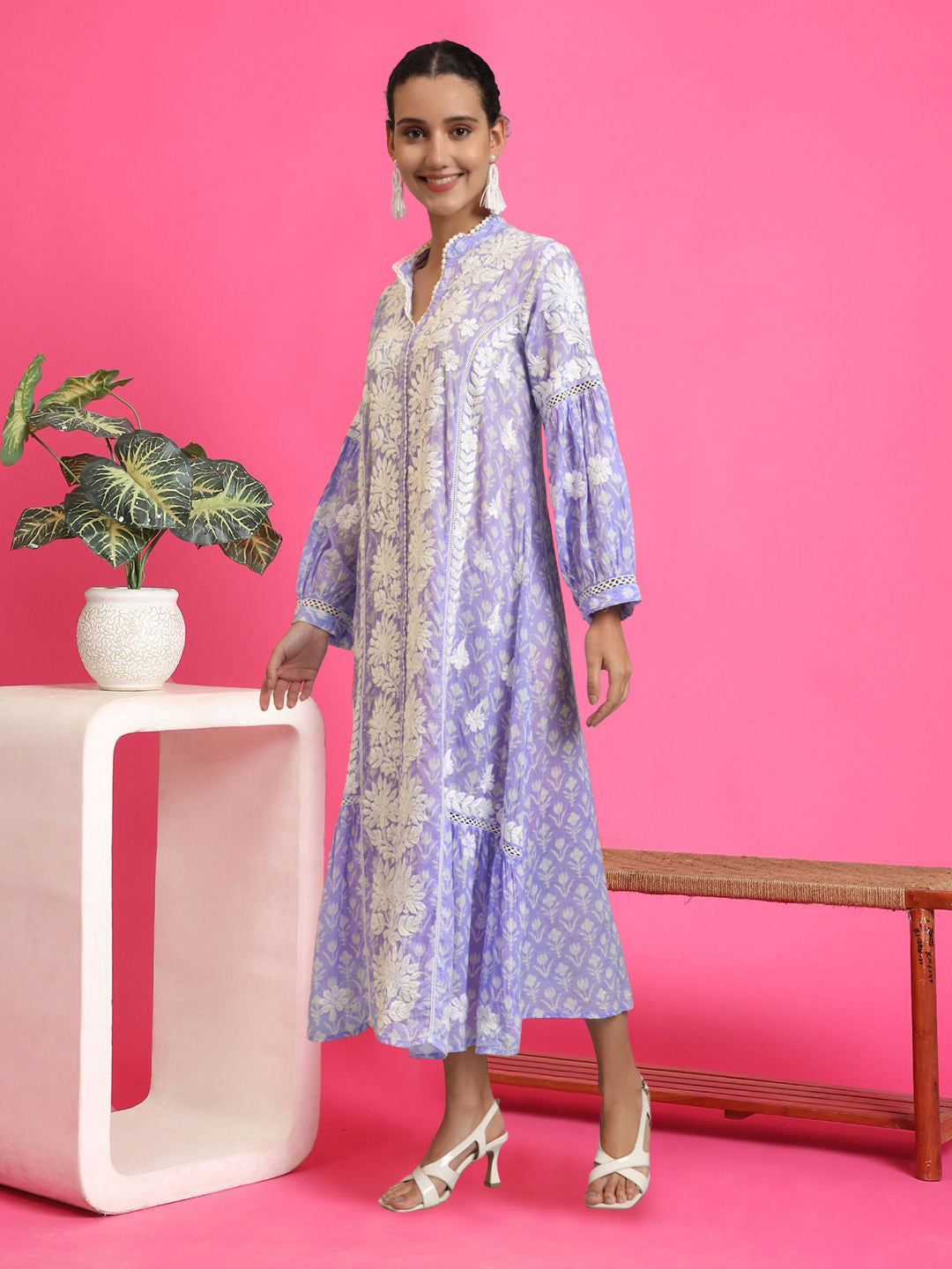 Hand Embroidered Chikankari Floral Printed Mulmul Jalabiya-AL4053 Mauve