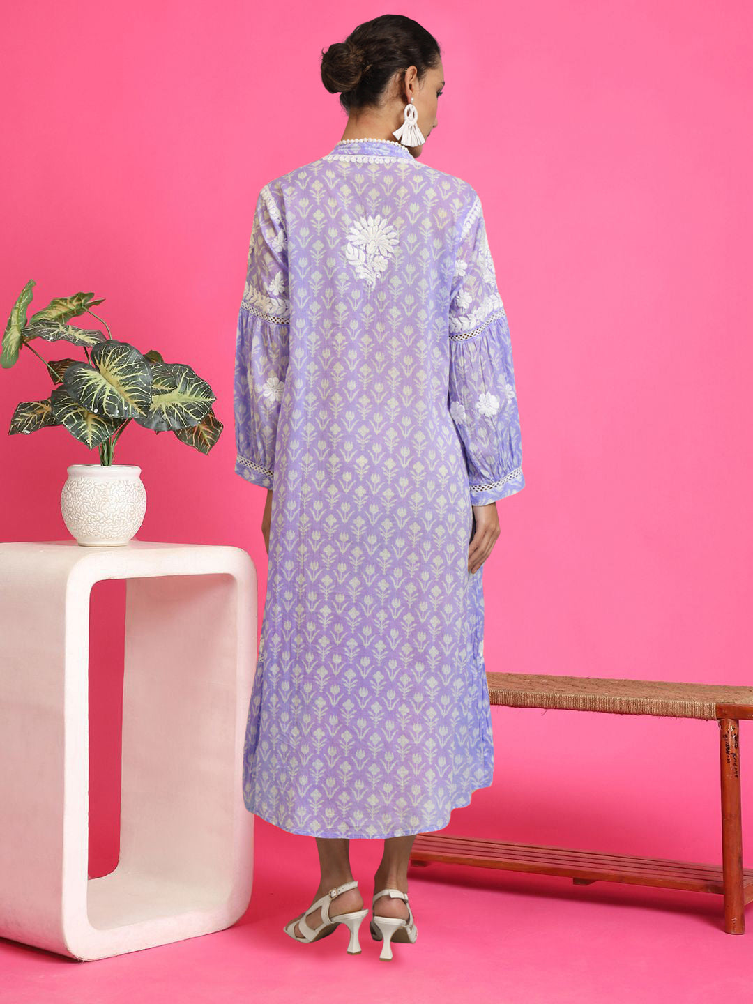 Hand Embroidered Chikankari Floral Printed Mulmul Jalabiya-AL4053 Onionpink