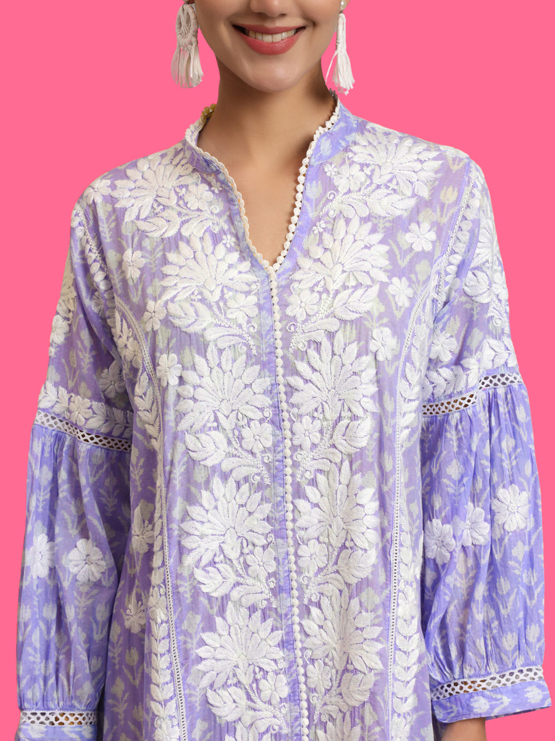 Hand Embroidered Chikankari Floral Printed Mulmul Jalabiya-AL4053 Mauve