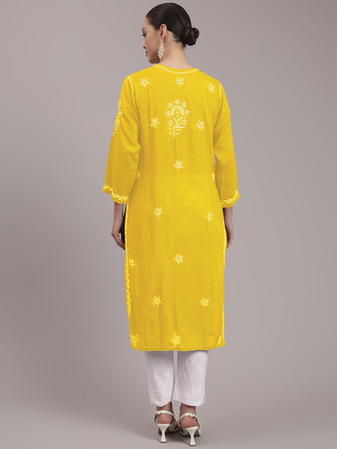 Women Hand Embroidered Modal Chikankari Kurta-AL4059 Yellow