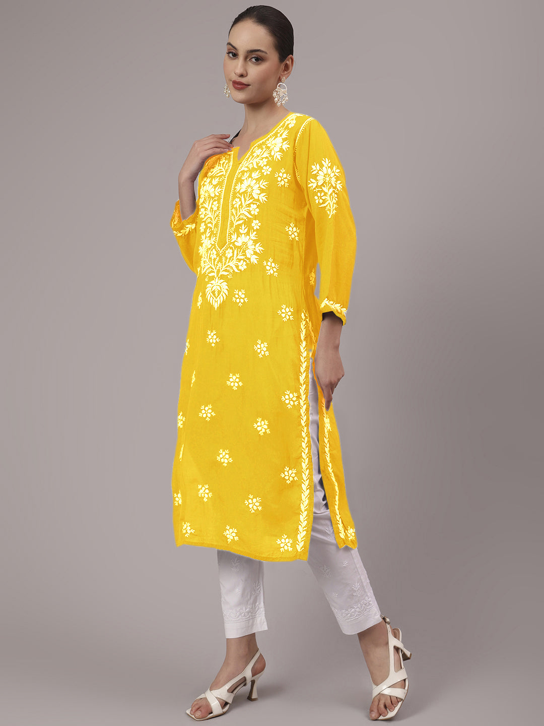 Women Hand Embroidered Modal Chikankari Kurta-AL4059 Yellow