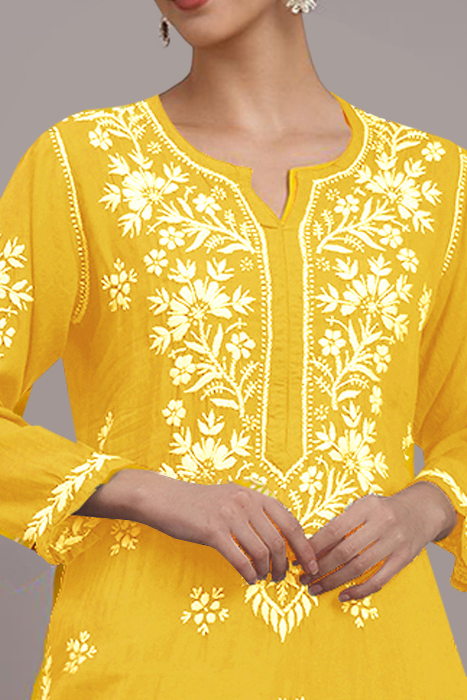 Women Hand Embroidered Modal Chikankari Kurta-AL4059 Yellow