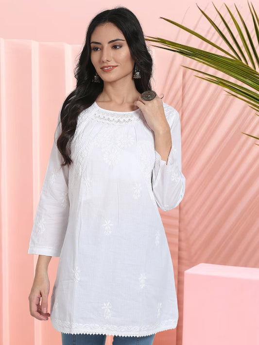 Hand Embroidered Chikankari Cotton A-Line Sustainable Tunics-AL920