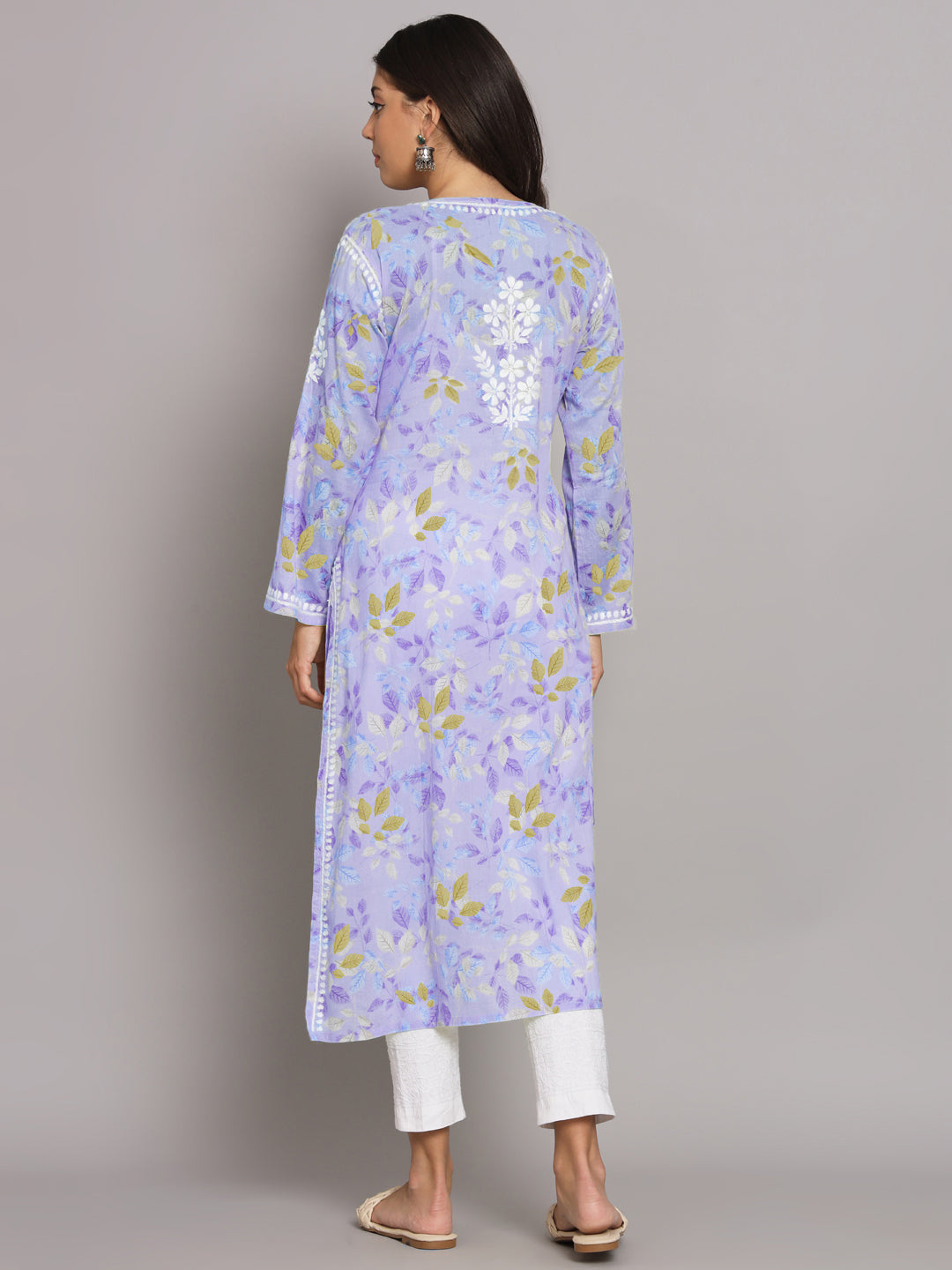 Hand Embroidered Chikan Printed Mulmul Cotton Straight Kurta-AL3680