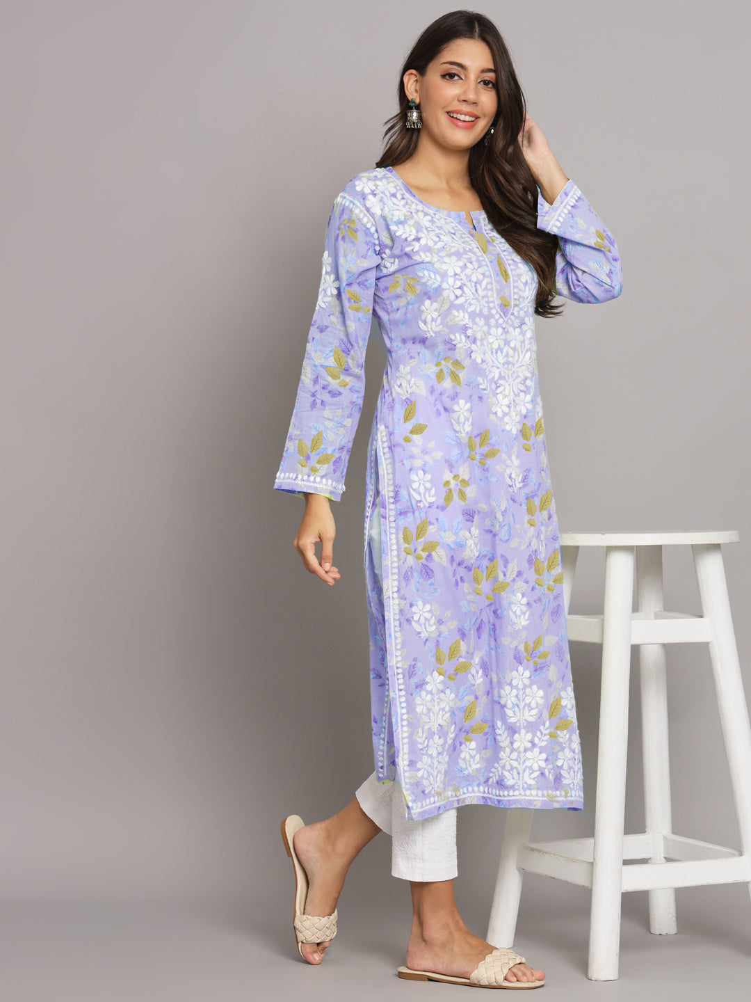Hand Embroidered Chikan Printed Mulmul Cotton Straight Kurta-AL3680