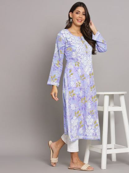 Hand Embroidered Chikan Printed Mulmul Cotton Straight Kurta-AL3680
