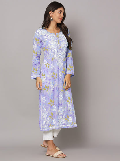 Hand Embroidered Chikan Printed Mulmul Cotton Straight Kurta-AL3680