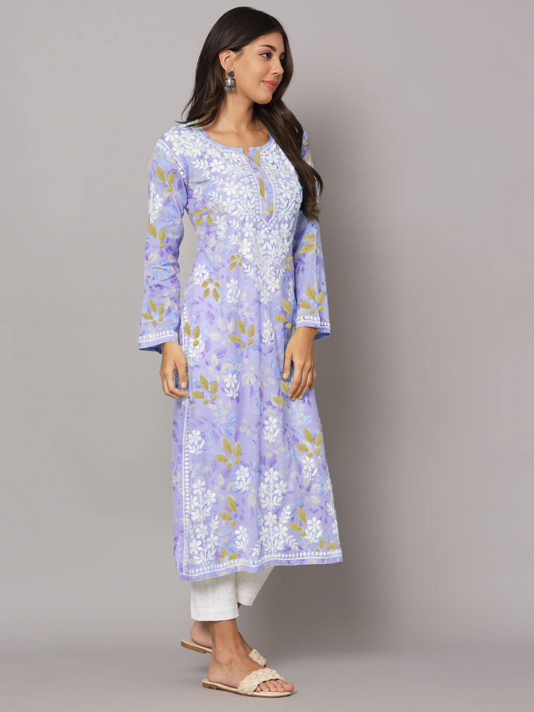 Hand Embroidered Chikan Printed Mulmul Cotton Straight Kurta-AL3680 Mauve