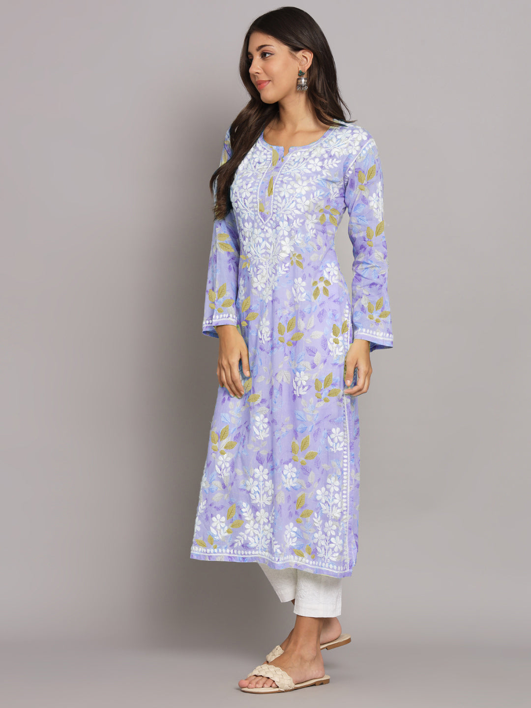 Hand Embroidered Chikan Printed Mulmul Cotton Straight Kurta-AL3680