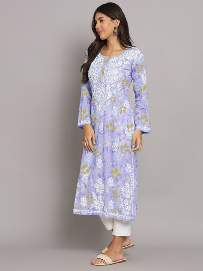 Hand Embroidered Chikan Printed Mulmul Cotton Straight Kurta-AL3680