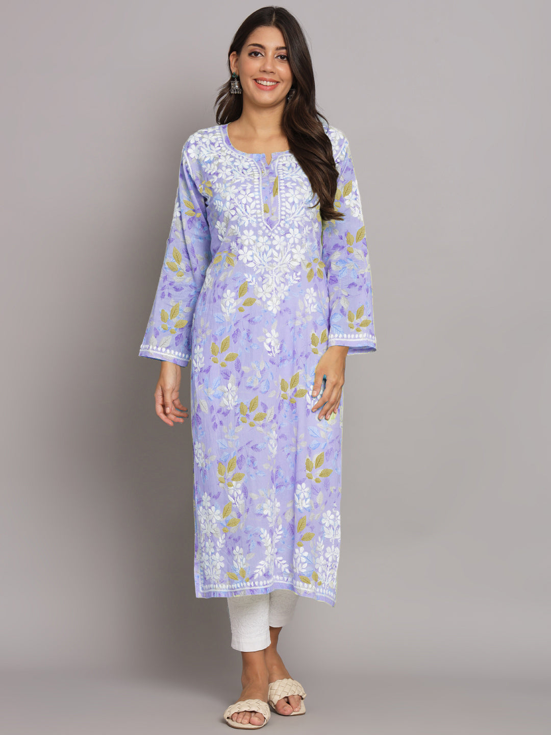 Hand Embroidered Chikan Printed Mulmul Cotton Straight Kurta-AL3680