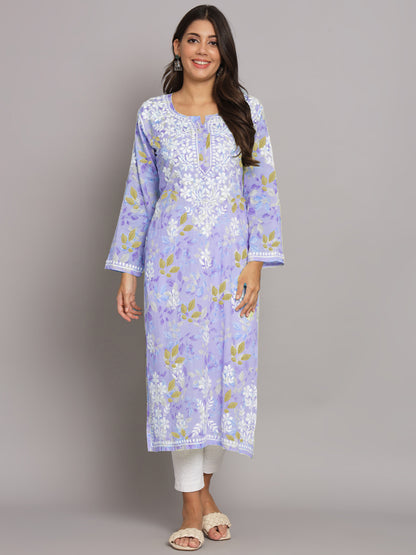 Hand Embroidered Chikan Printed Mulmul Cotton Straight Kurta-AL3680